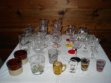Assorted Glassware and stoneware - Shot glasses- Mismatched stemware