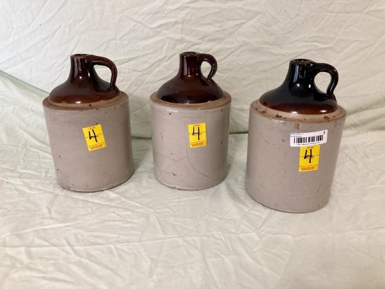 3 STONE JUGS W/ BROWN TOPS