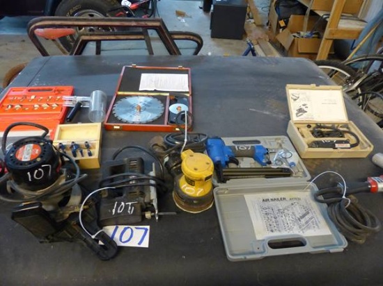 2 ROUTERS, SANDER, JIG SAW, AIR NAILER, HEAT GUN,