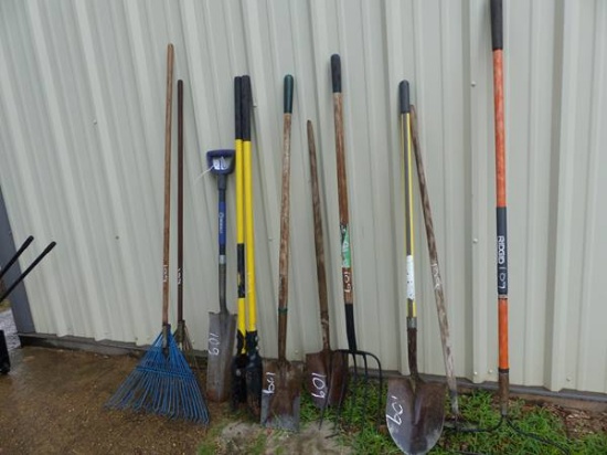 GARDEN TOOLS- 2 RAKES, HOE, 3 SHOVELS, POST HOLE