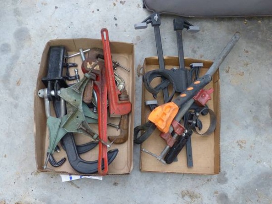 2 PIPE WRENCHES, CLAMPS, OIL FILTER WRENCHES