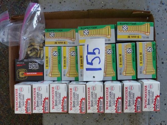 9 BOXES 9MM LUGER SHELLS, 15 BOXES 9 MM M SHELLS,