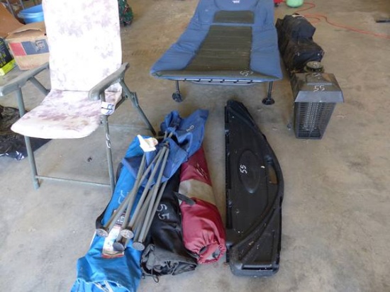CAMPING EQUIPMENT - COT, FOLDING CHAIRS, LANTERN,