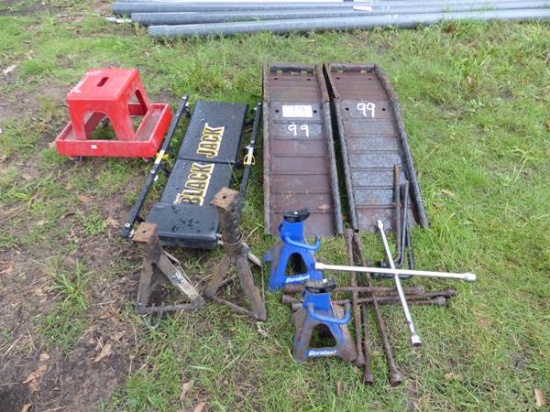 2 CAR RAMPS, 2 PAIR JACK STANDS, TIRE LUG TOOLS,