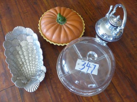 CAKE & PIE SERVERS, PEWTER SERVING DISH & TEAPOT