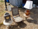 ANTIQUE ROCKING CHAIR, 2 METAL END TABLES, &