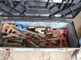 LARGE STANLEY TOOL BOX W/MISC WOOD CLAMPS