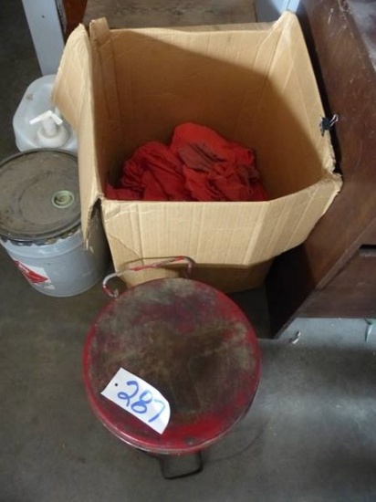 BOX OF SHOP TOWELS, BUCKET OF USED TOWELS