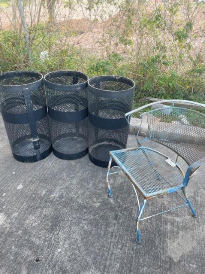3 EXPANDED METAL TRASH CANS, 1 METAL CHAIR