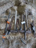 3 SLEDGE HAMMERS, 2 MATCHETS, PIPE CLAMPS, & BOLT CUTTER