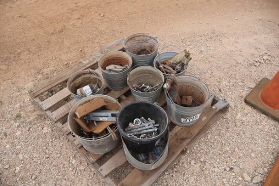 9 BUCKETS OF MISC BOLTS, PINS, HITCHES AND CHAINS
