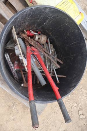 TUB OF MISC TOOLS -2 BOLT CUTTERS, PIPE CUTTER