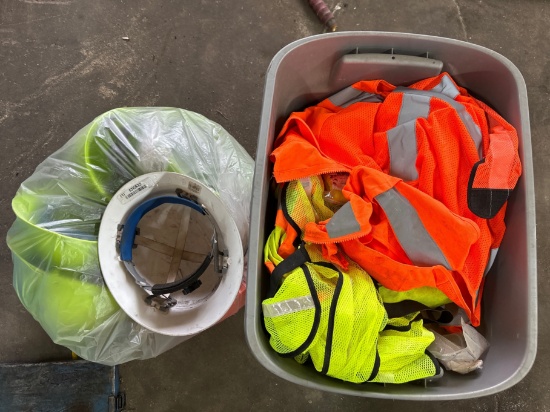 Lot of Hard Hats & Tote of Saftey  Vests