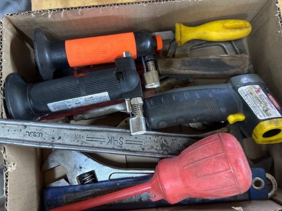 Misc box lot,vise clamps,adj wrench,infrafed thermometer