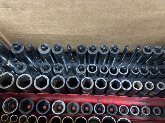 Box lot deep well impact and reg sockets on racks standard and metric