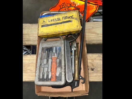 Box Lot of Air Fittings, Punch Set, air Tools & More