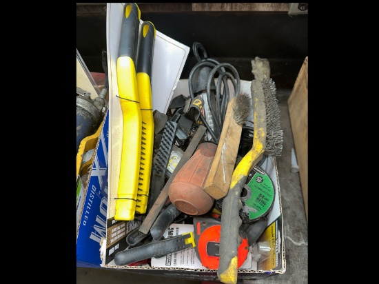 Box Lot of Misc Tools, Wire Brushes, Led Lights & More
