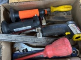 Misc box lot,vise clamps,adj wrench,infrafed thermometer