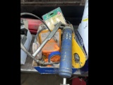 Box Lot of Misc Tools, & Parts CAT Engine Hoist Attachment, Grease Gun & More