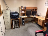 Heater, filing cabinet, computers, printer and desk