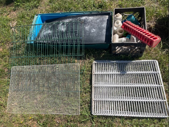 Lot of various animal enclose items including base trays, food & water containers, & more