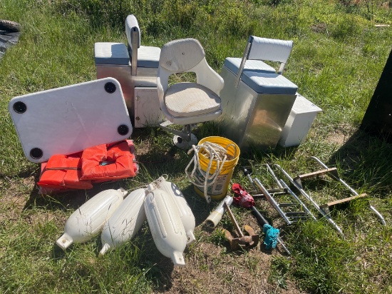 Lot of miscellaneous watercraft accessories including seats, PFDs, rope, anchor, steps, & more