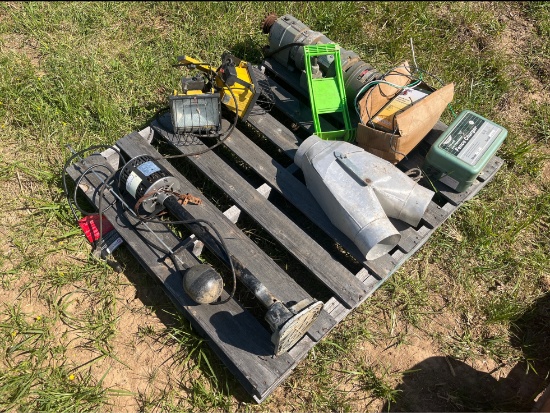Lot of miscellaneous items including electric fence charger, lights, Shur Stop electric brake, sump