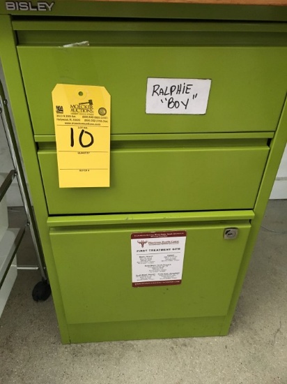 LOT CONSISTING OF: (2) GREEN FILE CABINETS AND (1) ROLLING STORAGE BIN
