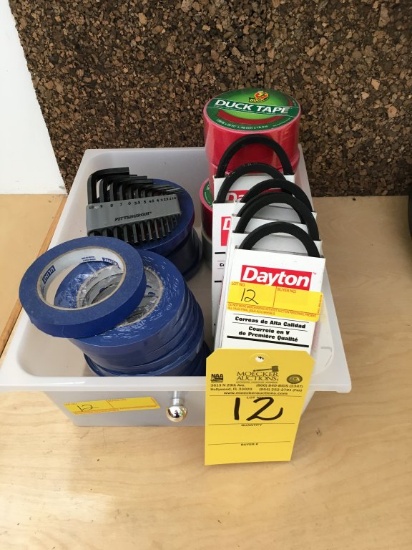 LOT CONSISTING OF ASSORTED ITEMS: DUCK TAPE, DAYTON PREMIUM V BELTS,