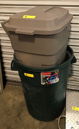 LOT CONSISTING OF: (2) PLASTIC TRASH BARRELS AND (1) 6 SHELF PLASTIC UNIT (DISASSEMBLED)