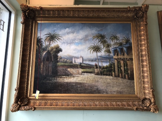FRAMED OIL PAINTING ON BOARD WITH ELABORATE GOLD FRAME 61" X 49", UNATTRIBUTED ARTIST