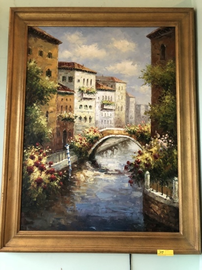 FRAMED OIL PAINTING ON CANVAS VENICE THEME GOLD FRAME 43 1/2" X 55 1/2", UNATTRIBUTED ARTIST