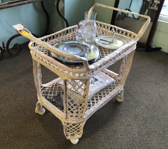 SPUN FIBERGLASS BAR CART WITH SILVER-PLATE CHARGERS, GLASSES AND CANDY DISH