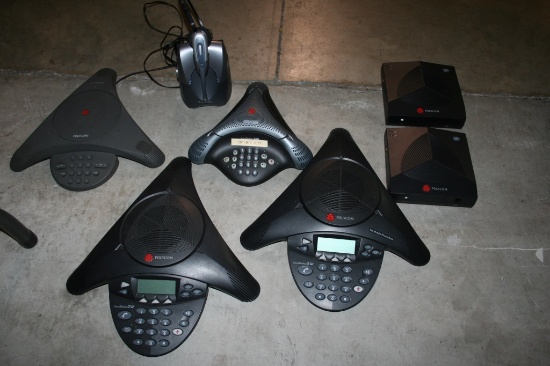 ASSORTED POLYCOM CONFERENCE SOUND STATIONS INCLUDES PLANTRONICS HEADSET AND POLYCOM ACCESSORIES