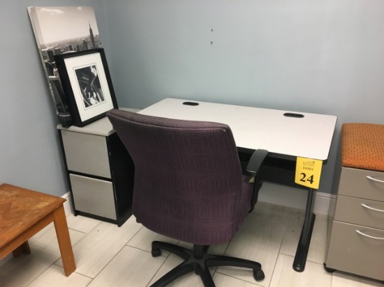 LOT CONSISTING OF: OFFICE FURNITURE INCLUDING DESK, CHAIR, (3) FILE CABINETS, (3) PICTURES,