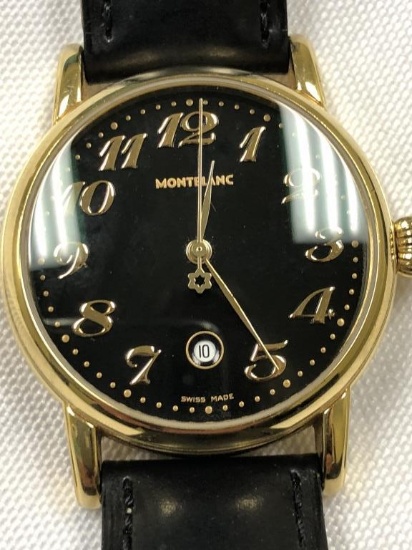 MONTBLANC WATCH, S/S GOLD TONE MEISTERSTUCK W/LEATHER BAND  #CC47100