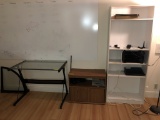 LOT CONSISTING OF GLASS TOP DESK AND 2 WOODEN SHELF UNITS