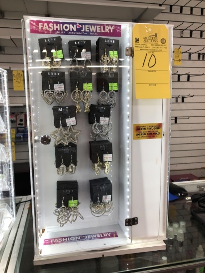 LOT CONSISTING OF COUNTER TOP LIGHTED JEWELRY DISPLAY WITH FASHION EARRINGS (APPROX. 50+/- PCS.)