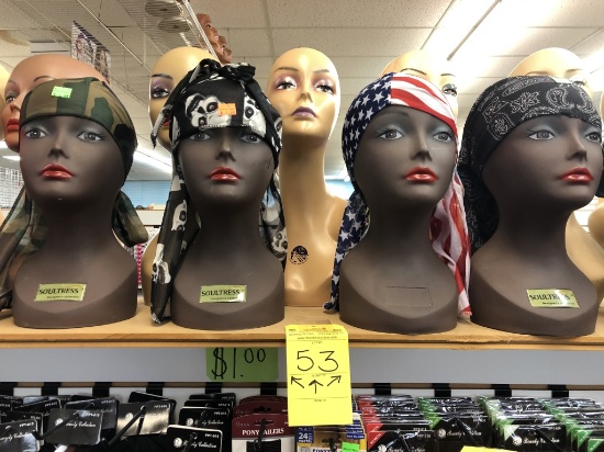 HEAD MANNEQUINS (SOME WITH DURAGS AND CAPS)