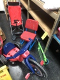 LOT CONSISTING OF AMOROSO UMBRELLA STROLLER, KID CHAIR, SPIDERMAN TRI-CYCLE BIG WHEEL,