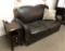 BROWN LEATHER LOVE SEAT WITH SIDE TABLE