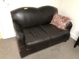 BROWN LEATHER LOVE SEAT WITH PILLOW
