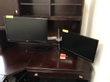 LOT CONSISTING OF: DUAL MONITOR STAND WITH (2) MONITORS