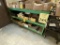 (2) GREEN STEEL SHELVES AND (2) STEEL WORK TABLES