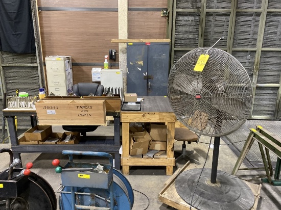 WORK TABLES, FILE CABINET, (2) ROLLING CARTS