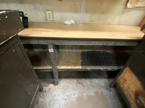 LONG METAL WORK BENCHES ALONG WALL