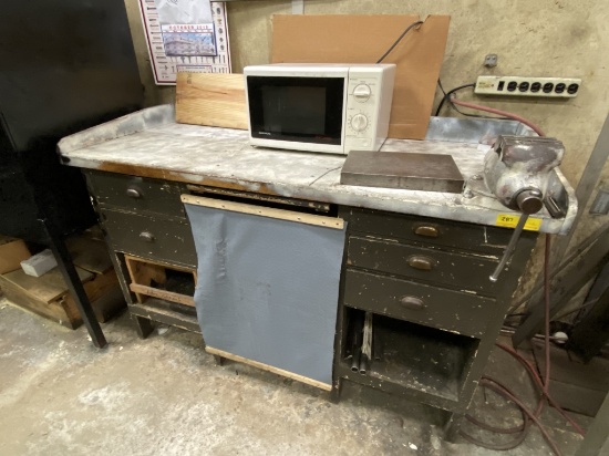 WOOD WORK DESKS/BENCHES WITH CONTENTS