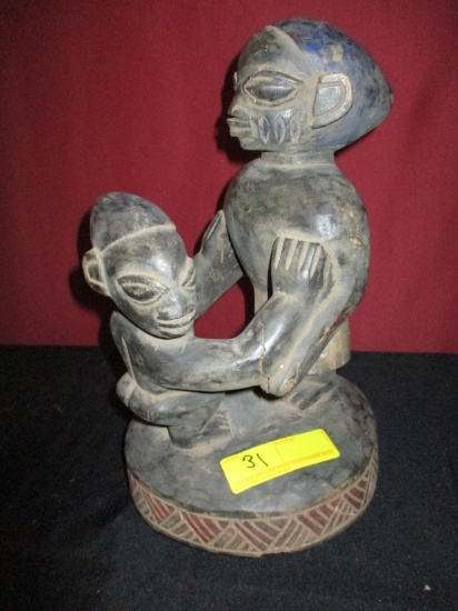 HAND CARVED WOOD AFRICAN WOMAN AND CHILD STATUE