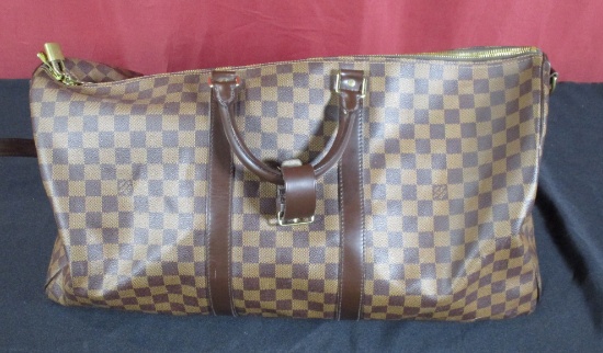 LOUIS VUITTON DAMIER AND LEATHER DUFFLE BAG (AUTHENTIC)