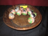 HAND CARVED BOWL WITH HAND PAINTED STONE EGGS